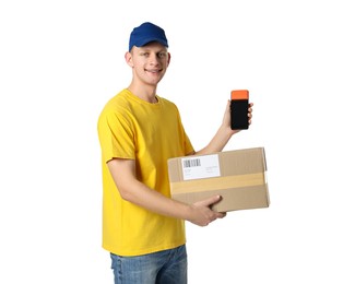 Photo of Happy courier with payment terminal and parcel on white background