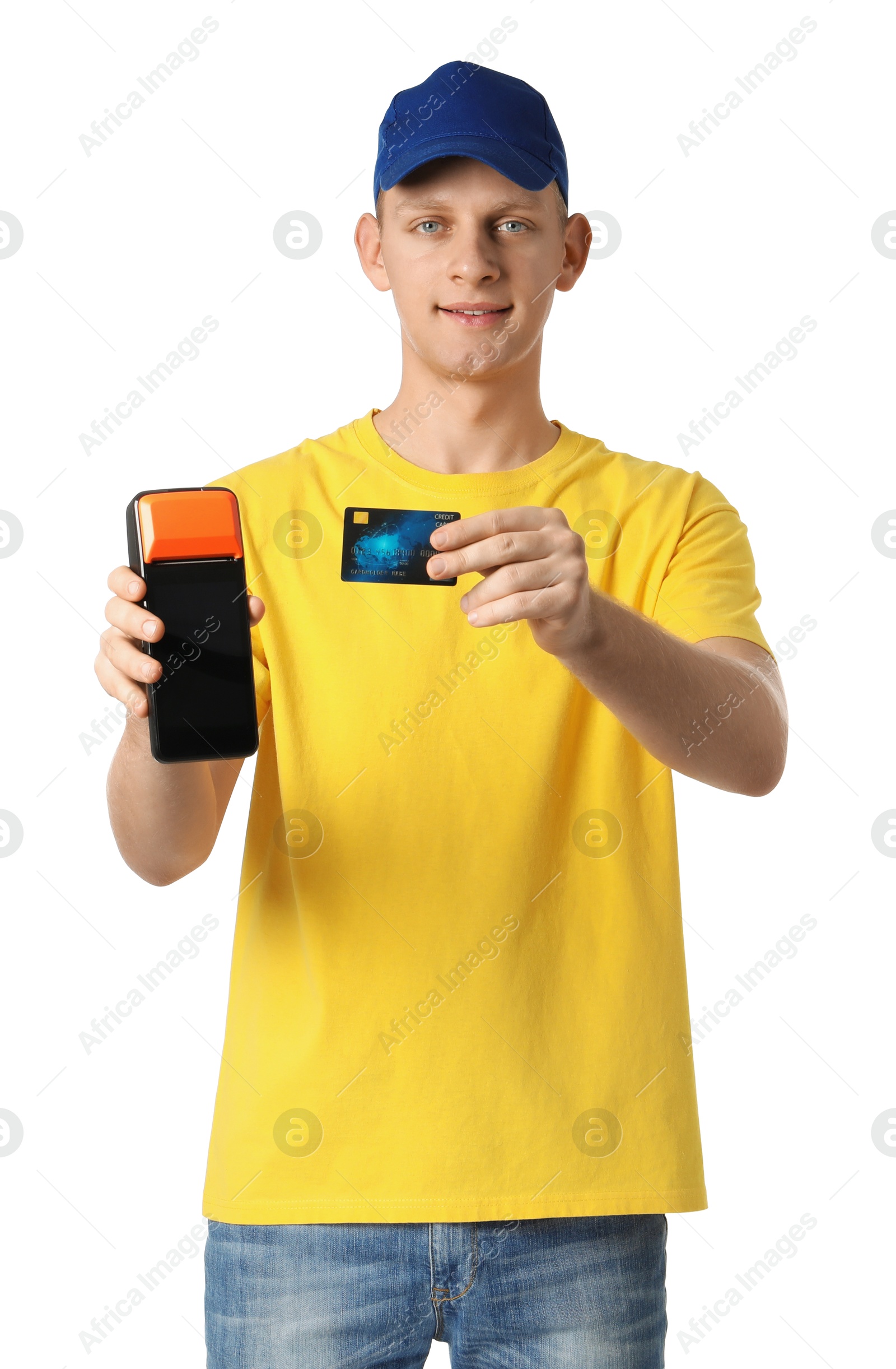 Photo of Happy courier with payment terminal and debit card on white background