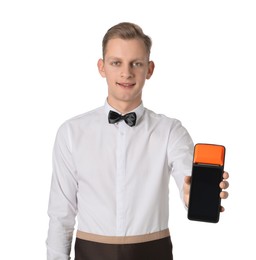 Photo of Happy waiter with payment terminal on white background