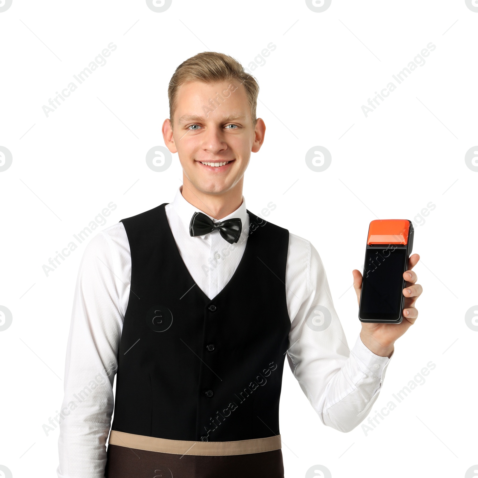 Photo of Happy waiter with payment terminal on white background