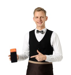 Photo of Happy waiter with payment terminal on white background