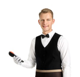 Photo of Happy waiter with payment terminal on white background