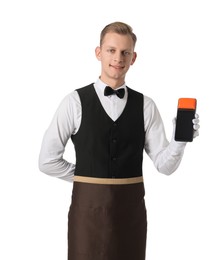 Photo of Happy waiter with payment terminal on white background