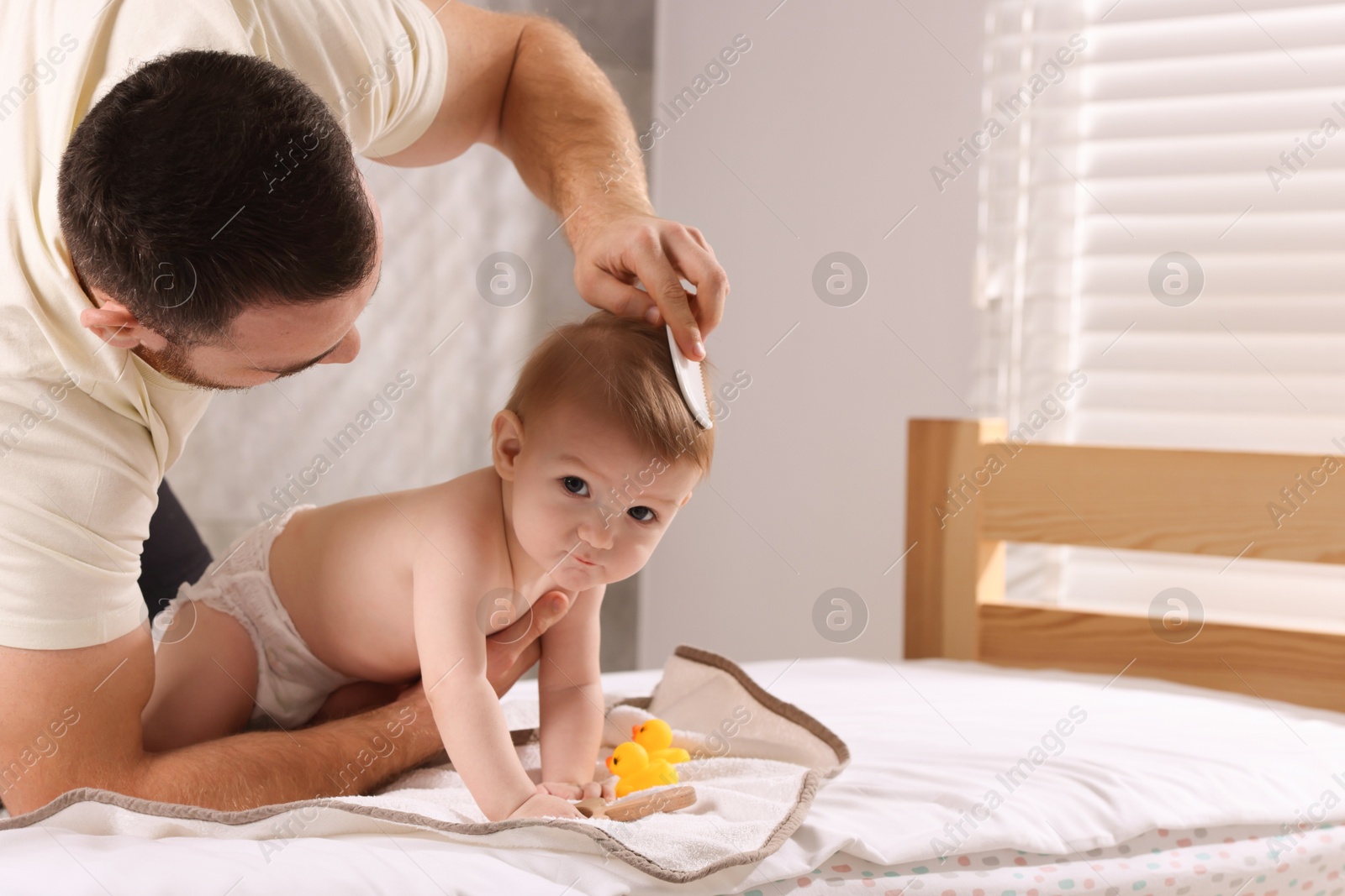 Photo of Man combing hair of his little baby indoors, space for text