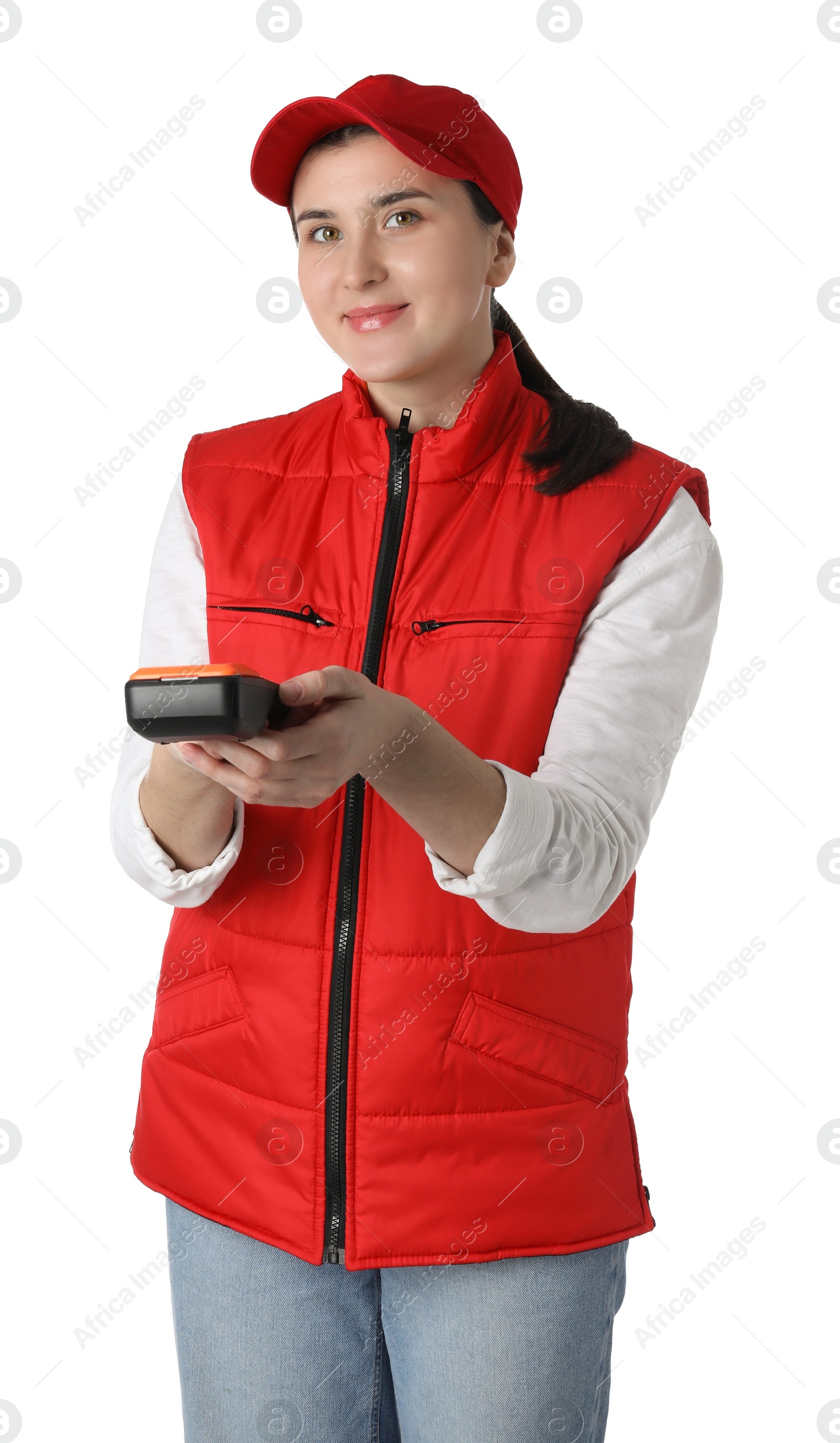 Photo of Courier with payment terminal on white background