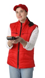 Photo of Courier with payment terminal on white background