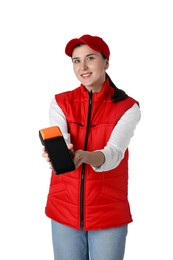 Happy courier with payment terminal on white background