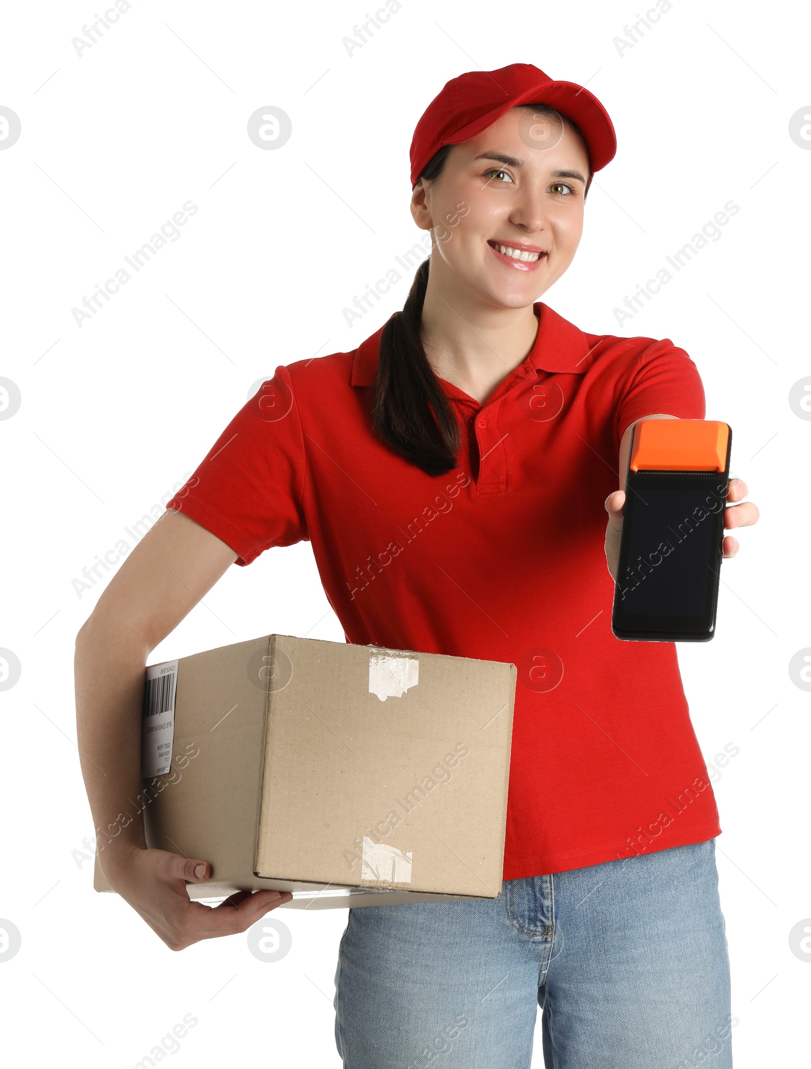 Photo of Happy courier with payment terminal and parcel on white background