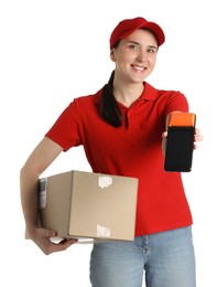 Happy courier with payment terminal and parcel on white background