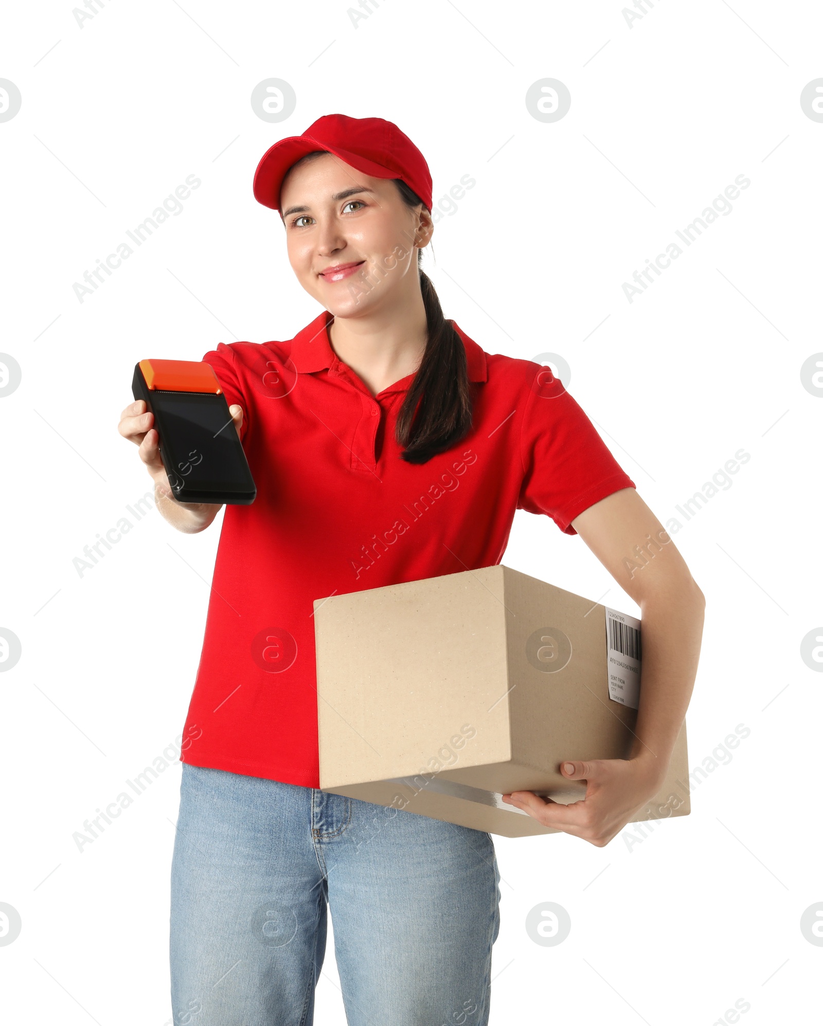 Photo of Courier with payment terminal and parcel on white background