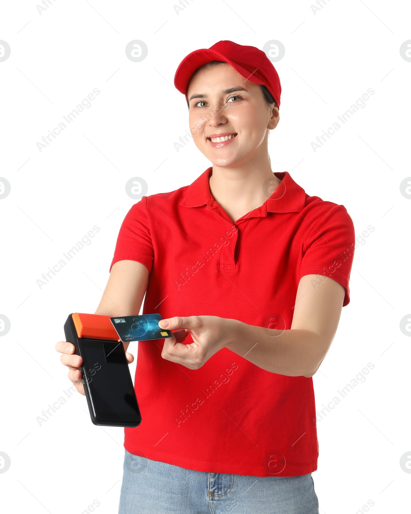 Photo of Happy courier with payment terminal and debit card on white background