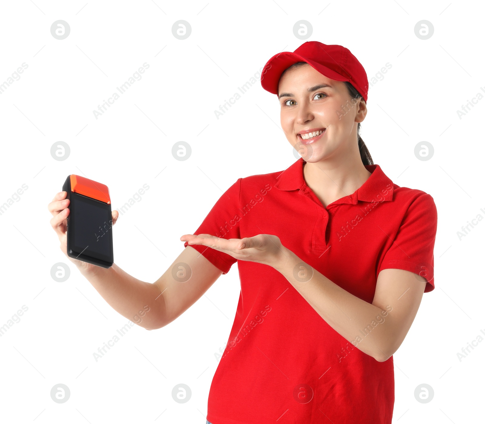 Photo of Happy courier with payment terminal on white background