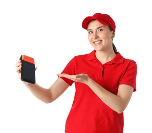 Photo of Happy courier with payment terminal on white background