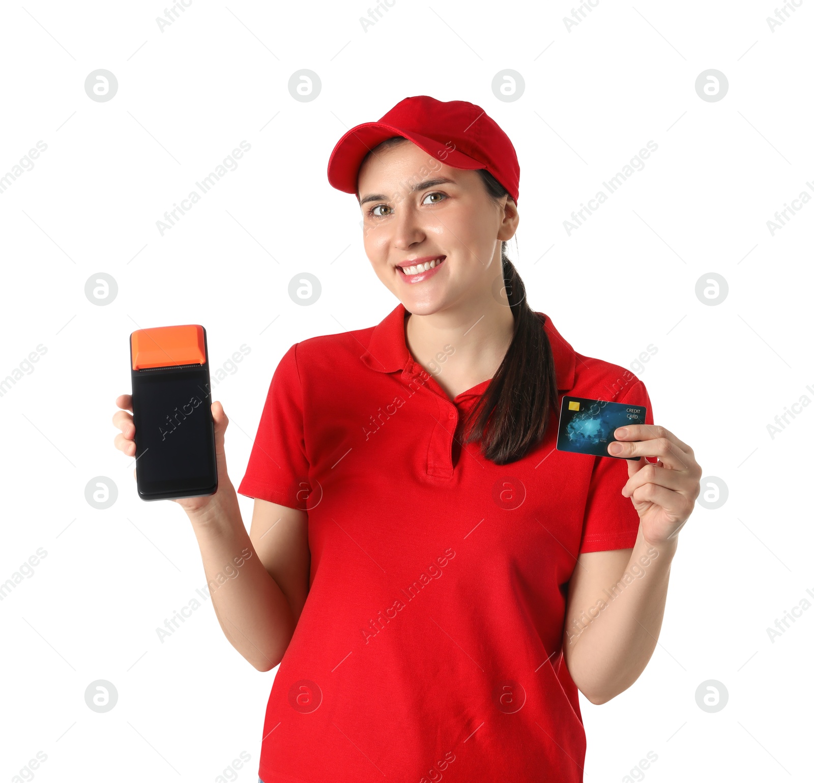 Photo of Happy courier with payment terminal and debit card on white background