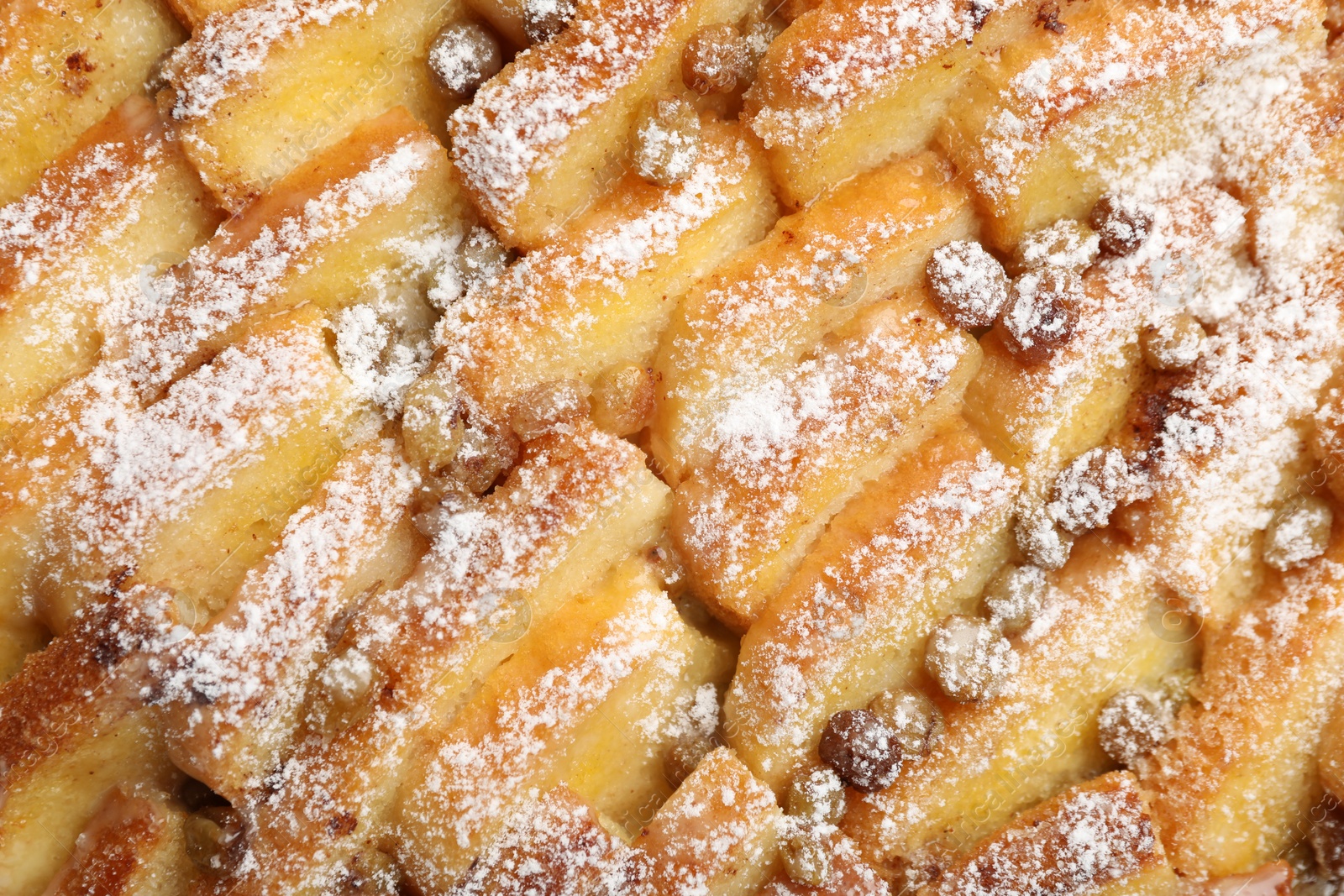 Photo of Delicious bread pudding with raisins and powdered sugar, closeup