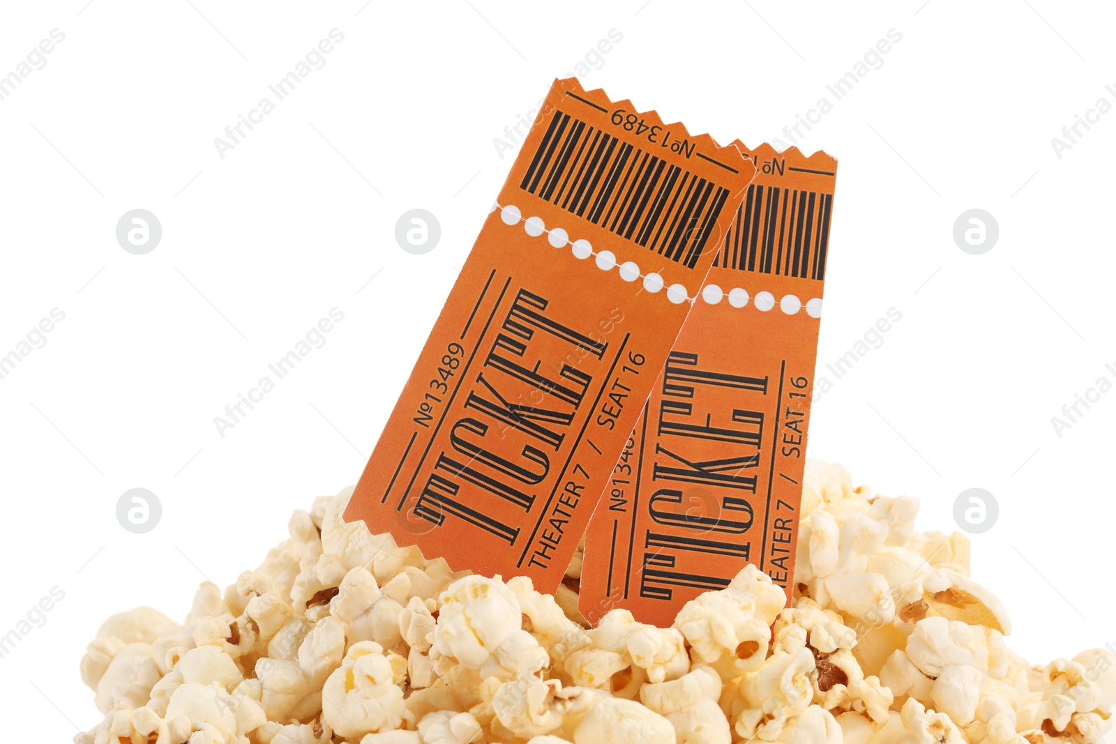 Photo of Tasty popcorn and movie tickets isolated on white