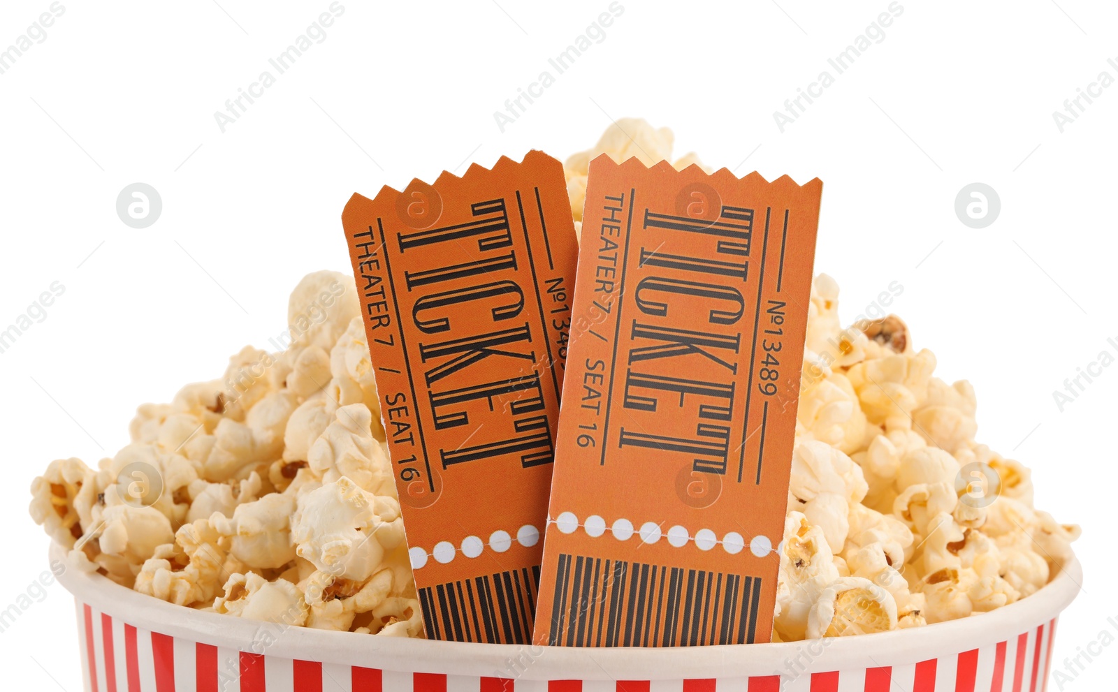 Photo of Tasty popcorn and movie tickets isolated on white