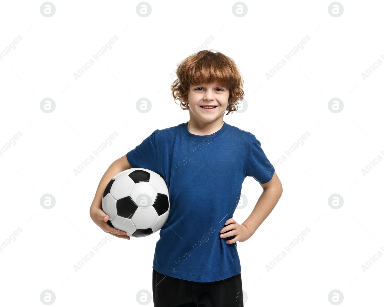 Photo of Little boy with soccer ball on white background