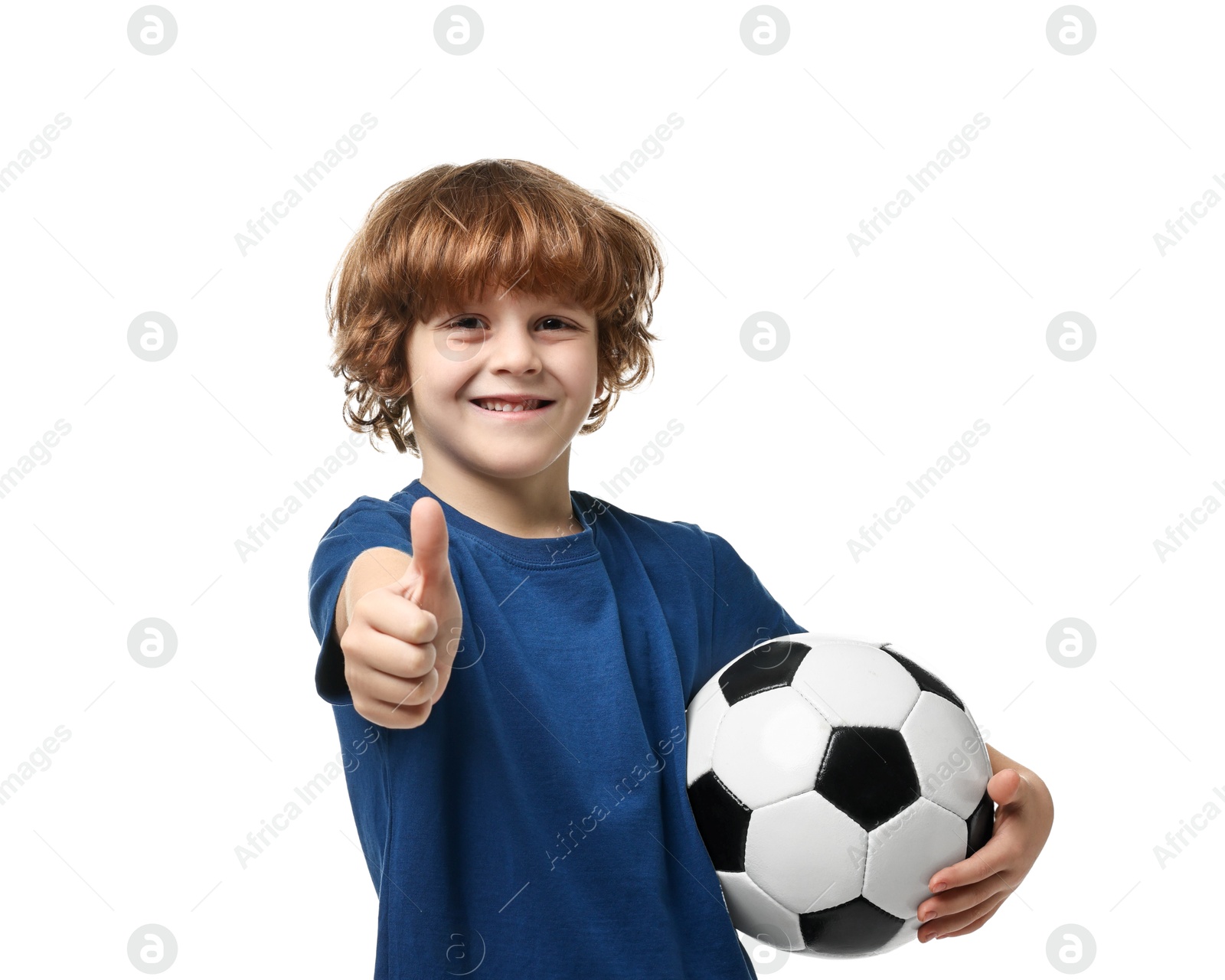 Photo of Little boy with soccer ball showing thumbs up on white background