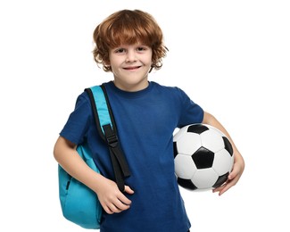 Photo of Little boy with soccer ball and backpack on white background