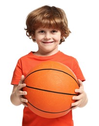 Photo of Little boy with basketball ball on white background