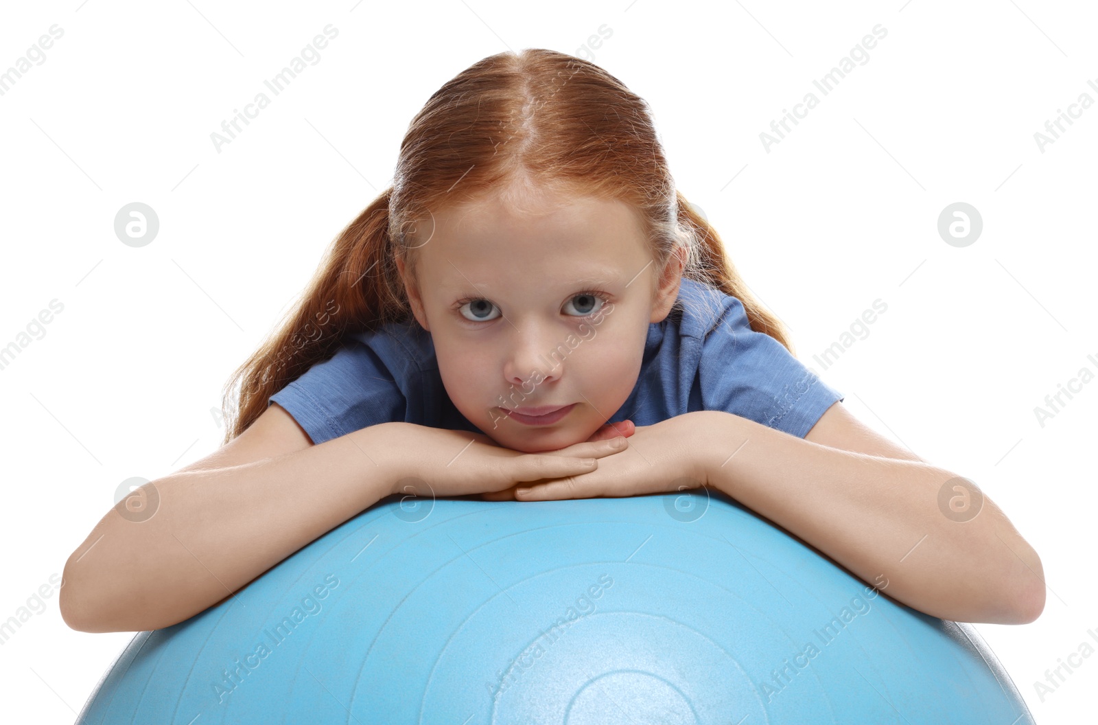 Photo of Cute little girl with fitness ball on white background