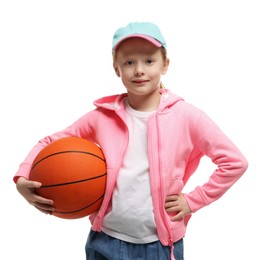 Photo of Little girl with basketball ball on white background