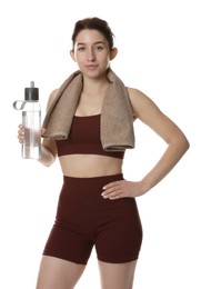 Photo of Woman in sportswear with bottle of water on white background