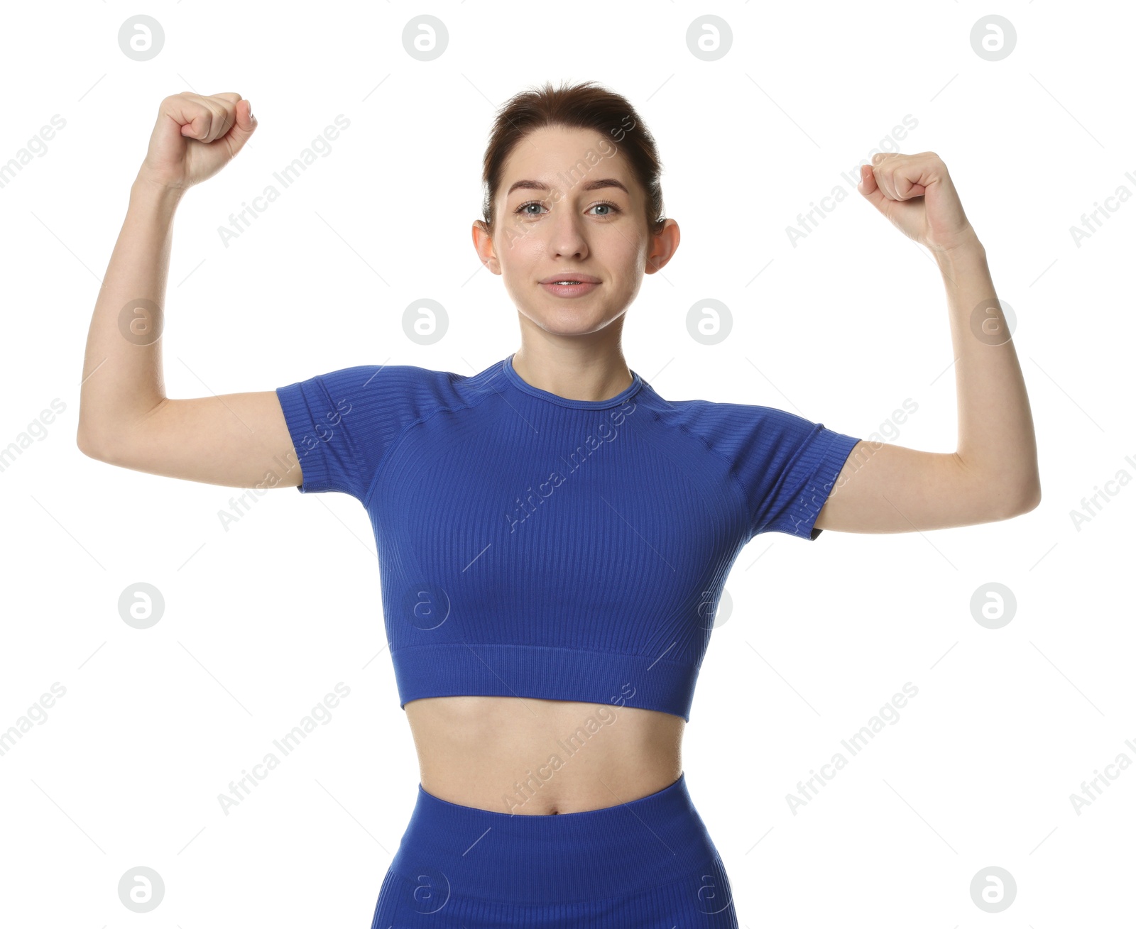 Photo of Portrait of woman in sportswear on white background