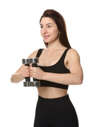 Photo of Woman in sportswear exercising with dumbbells on white background