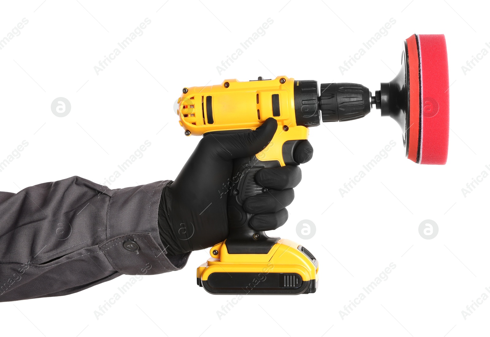 Photo of Man holding electric screwdriver with polish pad on white background, closeup