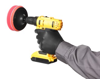 Photo of Man holding electric screwdriver with polish pad on white background, closeup