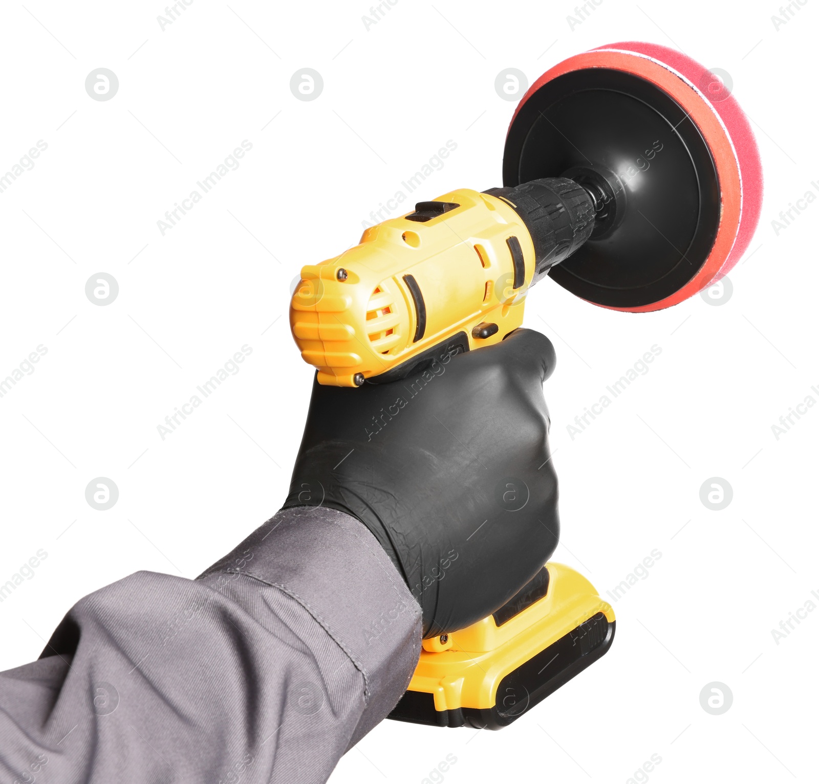 Photo of Man holding electric screwdriver with polish pad on white background, closeup