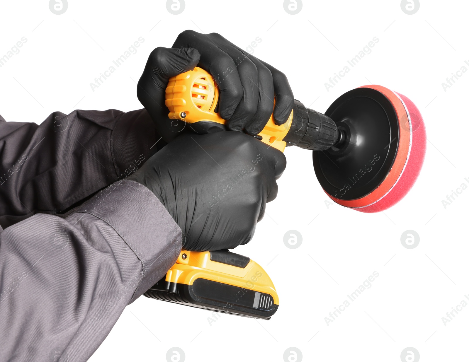 Photo of Man holding electric screwdriver with polish pad on white background, closeup