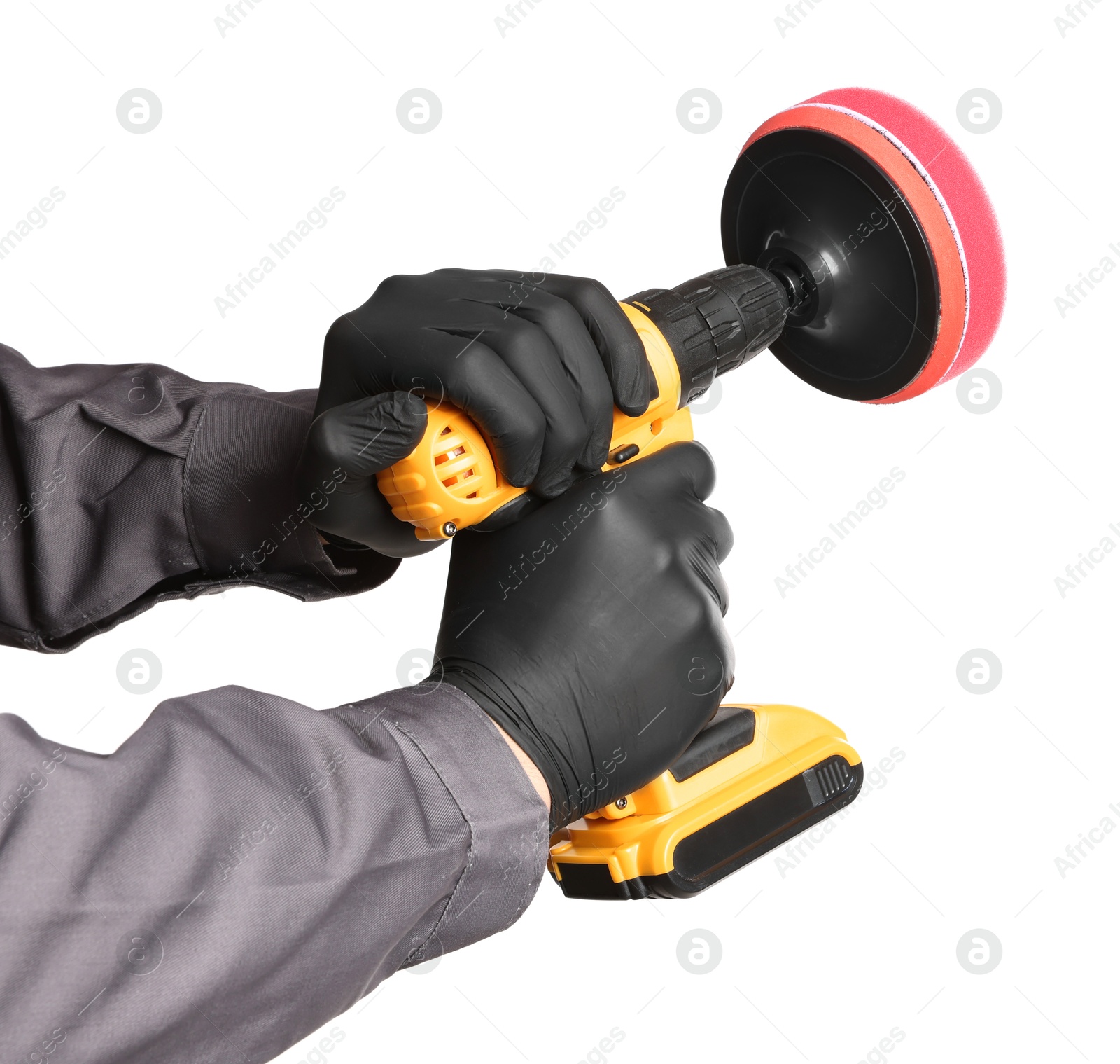 Photo of Man holding electric screwdriver with polish pad on white background, closeup