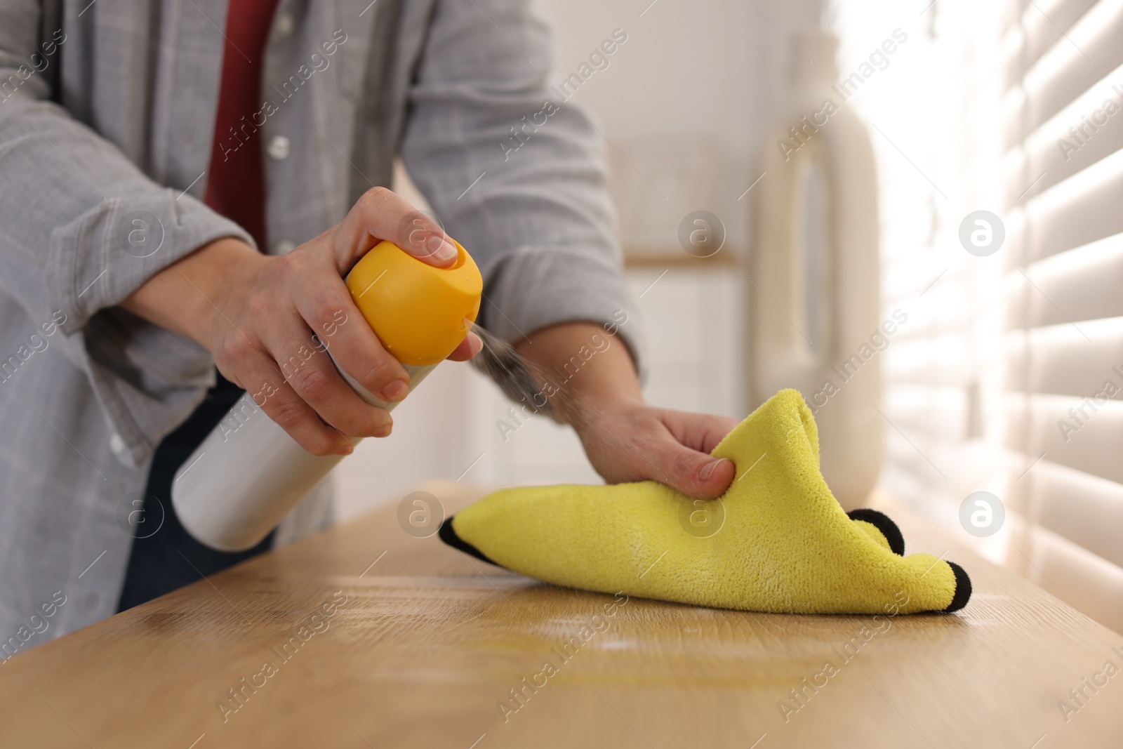 Photo of Woman using cleaning product while polishing wooden table with rag indoors, closeup