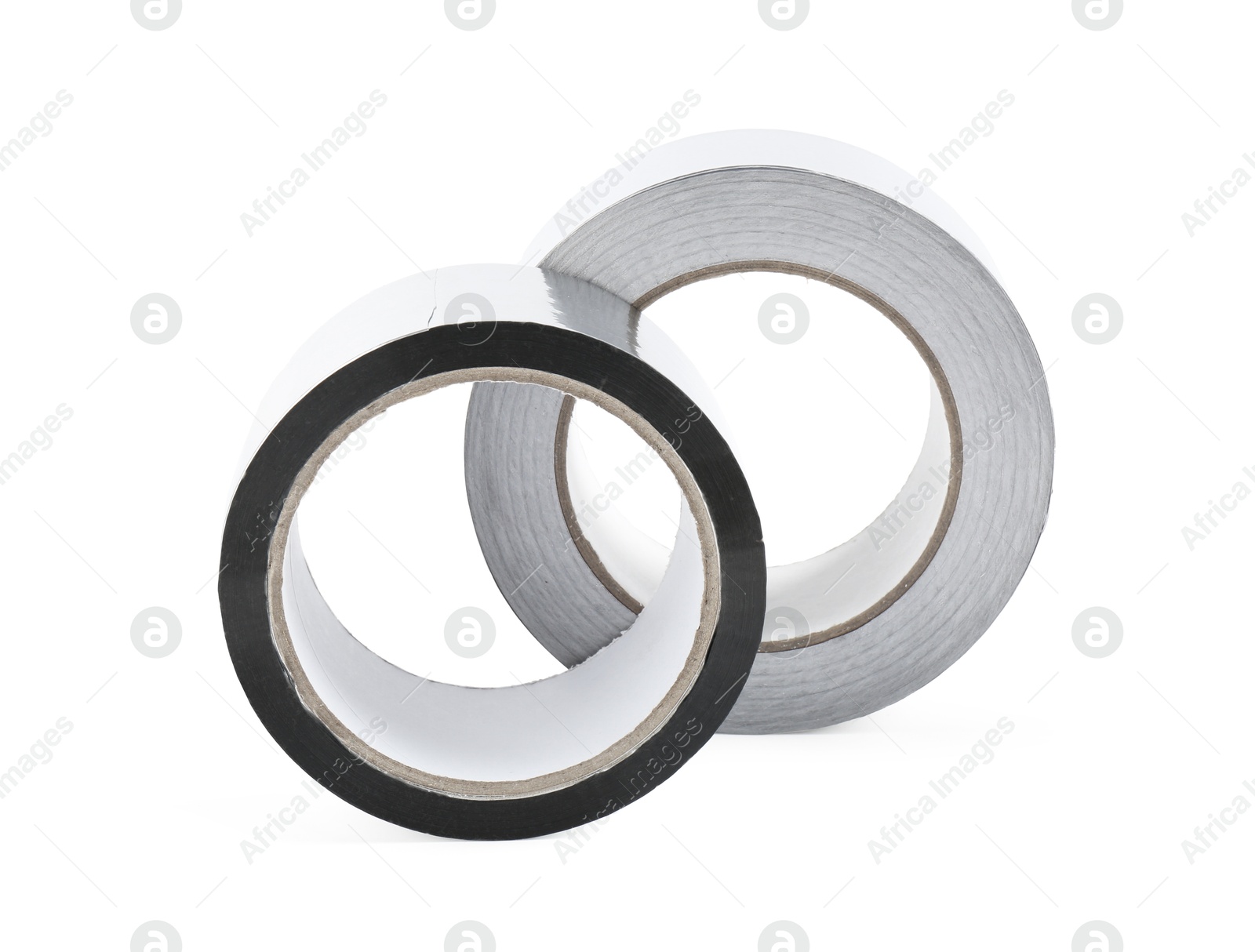 Photo of Rolls of silver adhesive tape isolated on white