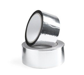 Photo of Rolls of silver adhesive tape isolated on white