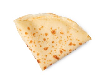 Photo of One delicious folded crepe isolated on white, top view