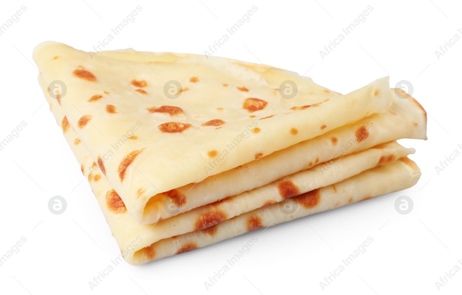 Photo of Stack of delicious folded crepes isolated on white