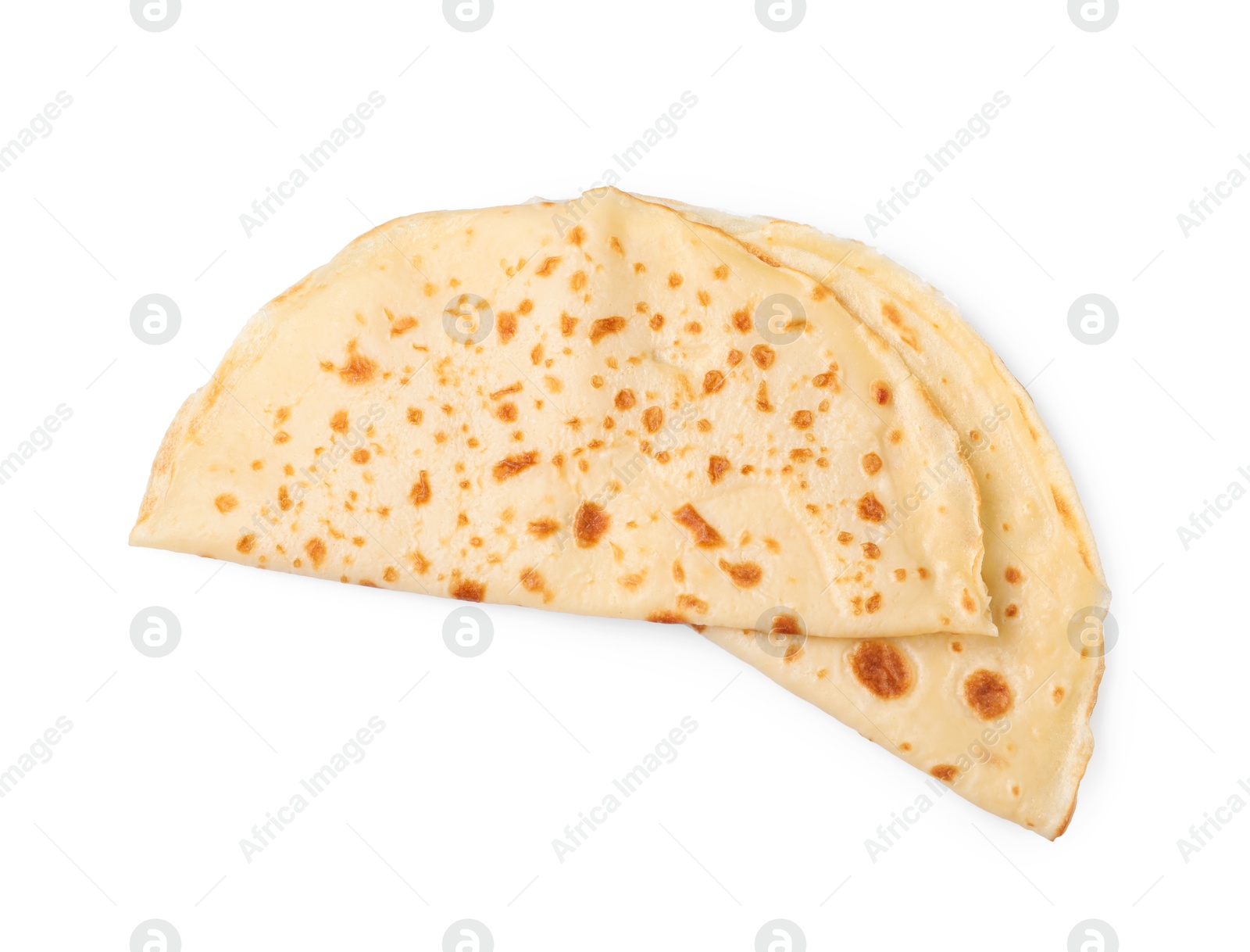 Photo of Delicious folded crepes isolated on white, top view