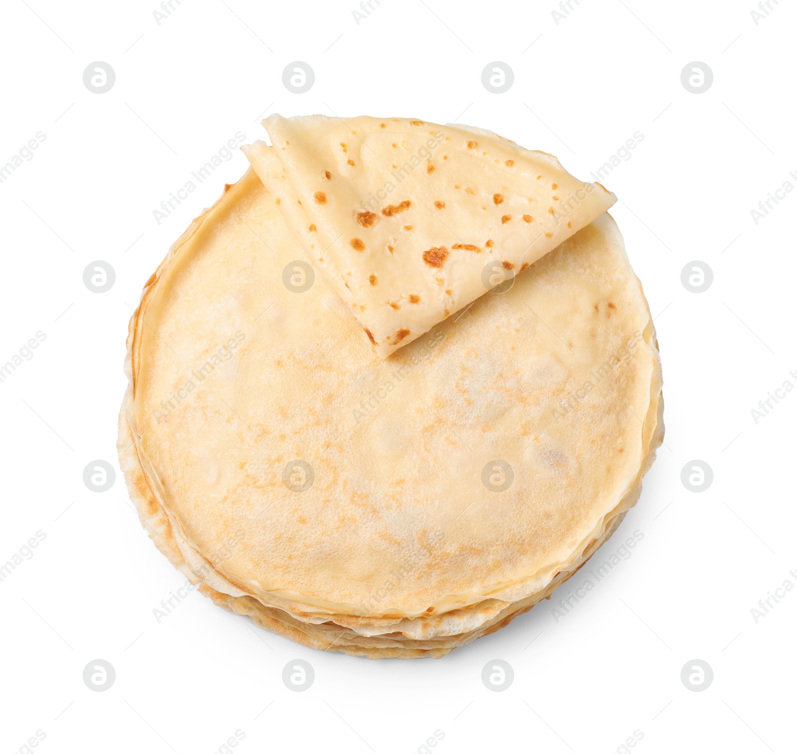 Photo of Stack of delicious crepes isolated on white, top view