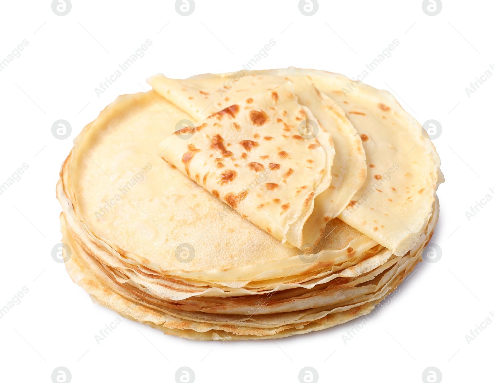 Photo of Stack of delicious crepes isolated on white