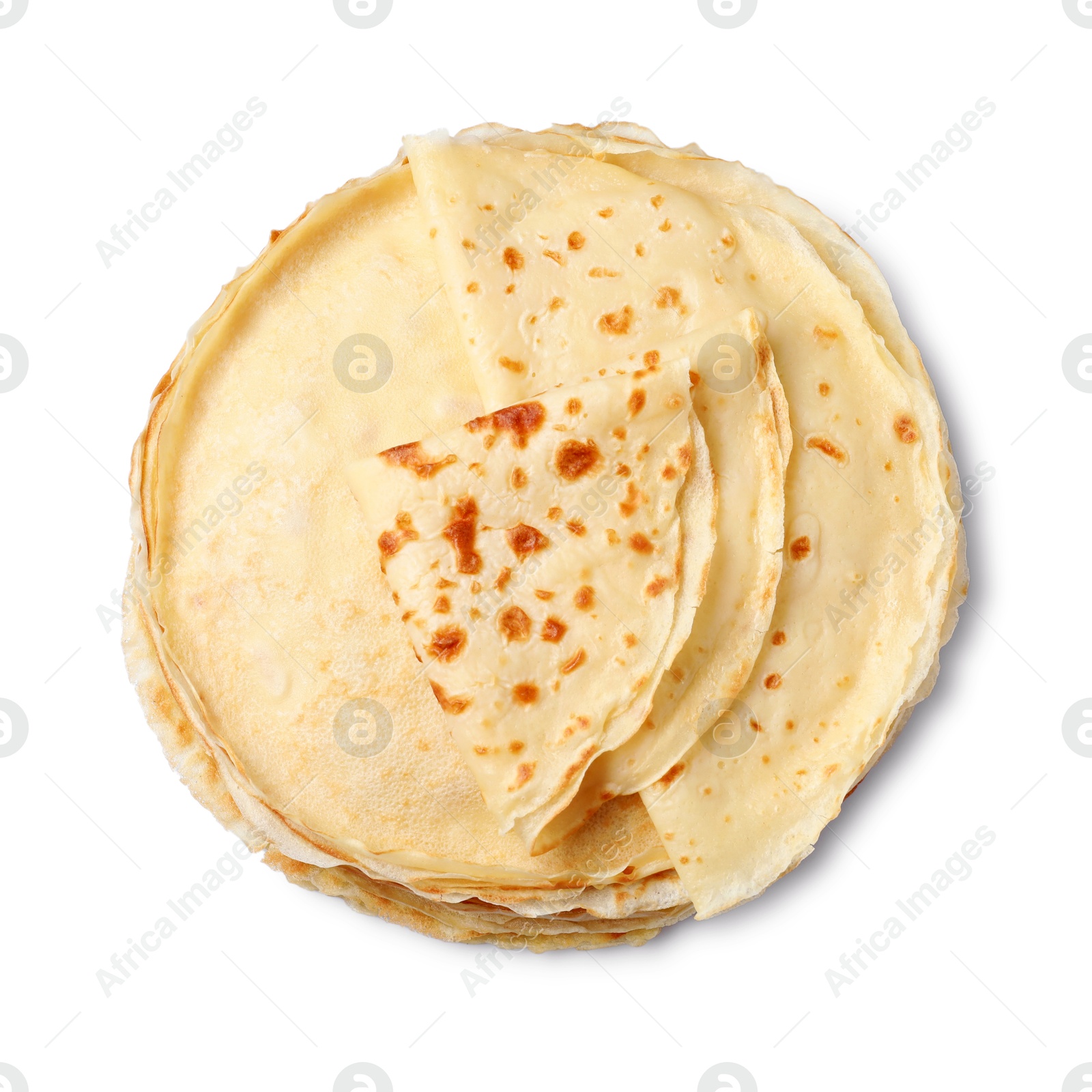 Photo of Stack of delicious crepes isolated on white, top view