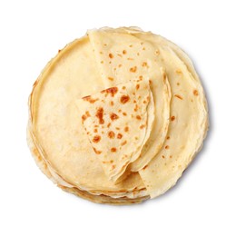 Photo of Stack of delicious crepes isolated on white, top view