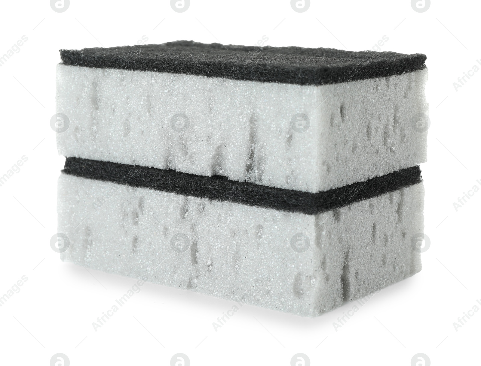 Photo of Two grey sponges isolated on white. Cleaning supply