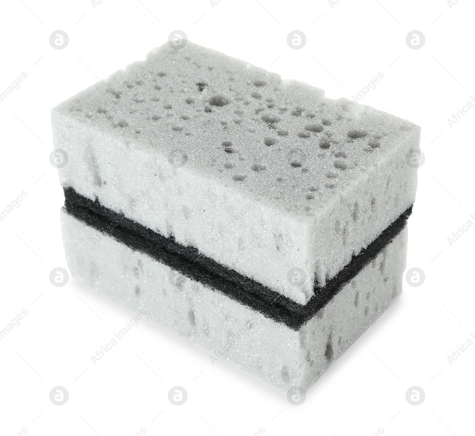 Photo of Two grey sponges isolated on white. Cleaning supply