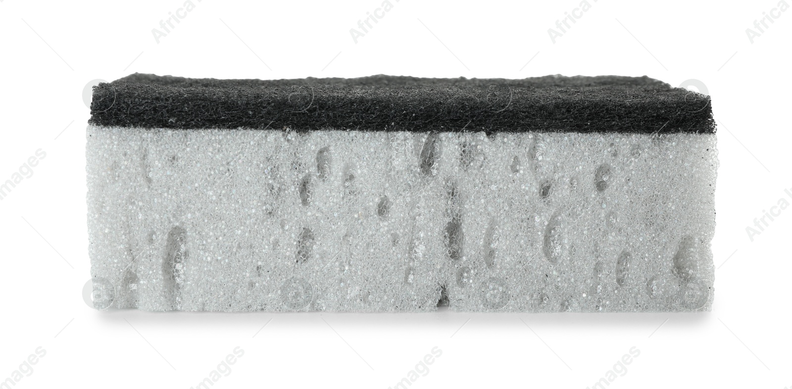 Photo of One grey sponge isolated on white. Cleaning supply