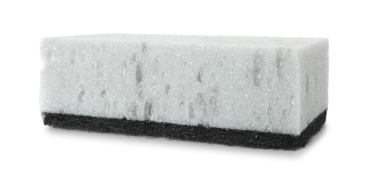 Photo of One grey sponge isolated on white. Cleaning supply