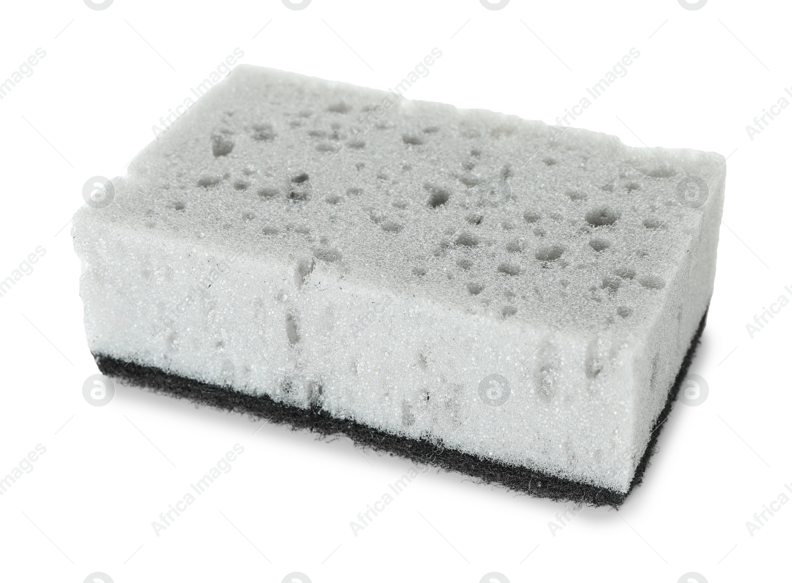 Photo of One grey sponge isolated on white. Cleaning supply